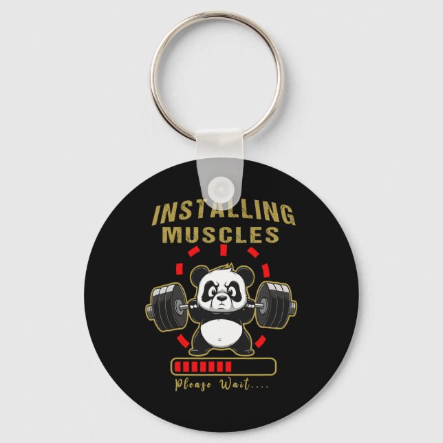 Funny Installing Muscle Panda Weight Lifting Barbe Key Ring (Front)
