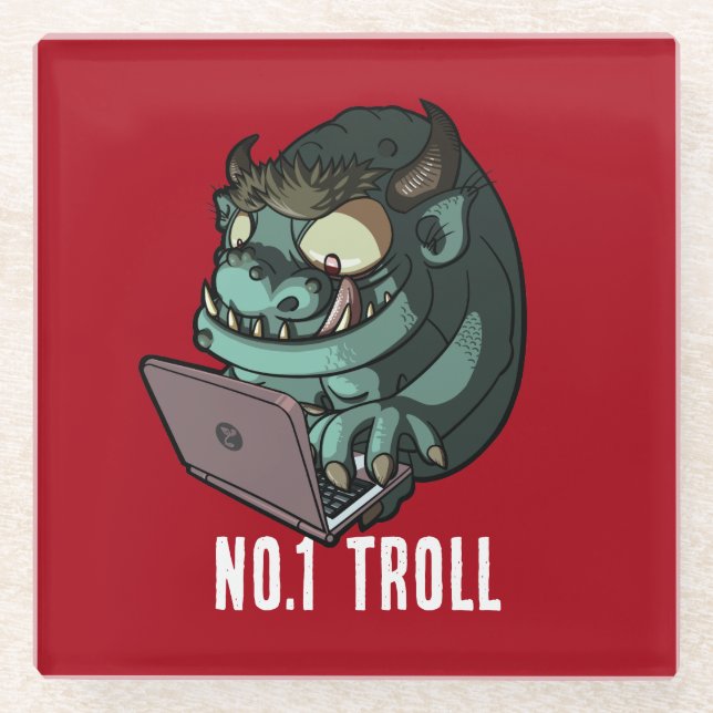 Funny Internet Troll Number 1 Troll Laptop Cartoon Glass Coaster (Front)