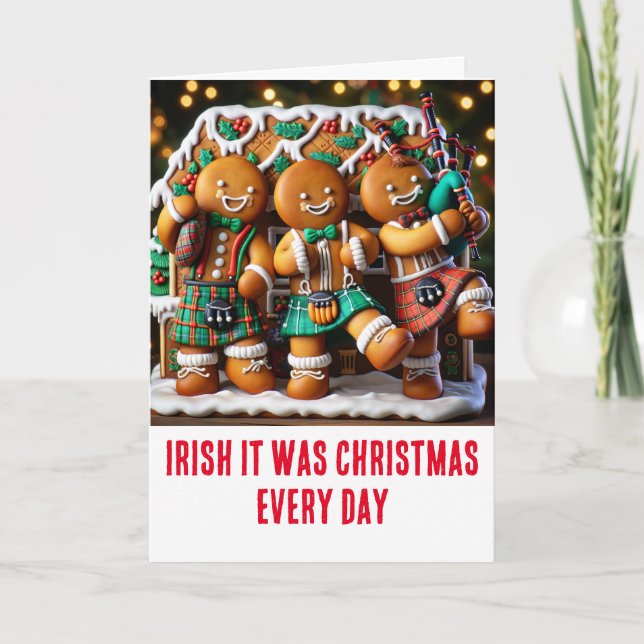 Funny Irish Christmas Gingerbread Kilt Bagpipes Card (Front)