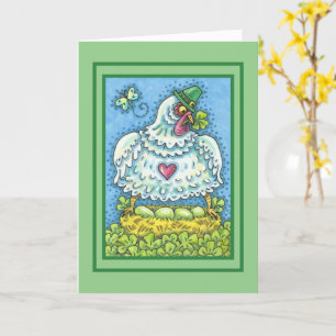 FUNNY IRISH HEN, GREEN EGGS AND SHAMROCKS CUTE CARD