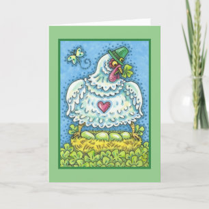 FUNNY IRISH HEN, GREEN EGGS AND SHAMROCKS CUTE CARD