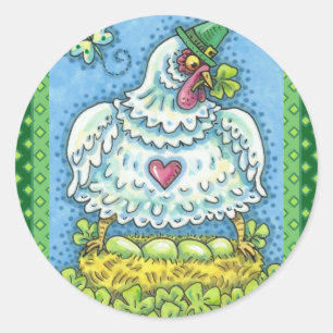 FUNNY IRISH HEN, GREEN EGGS AND SHAMROCKS CUTE CLASSIC ROUND STICKER