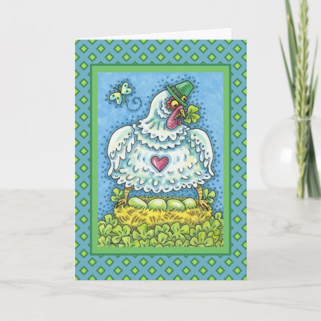FUNNY IRISH HEN, GREEN EGGS AND SHAMROCKS CUTE HOLIDAY CARD (Front)