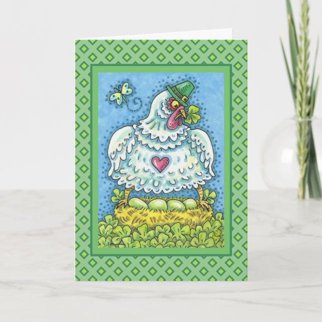 FUNNY IRISH HEN, GREEN EGGS AND SHAMROCKS CUTE HOLIDAY CARD (Front)