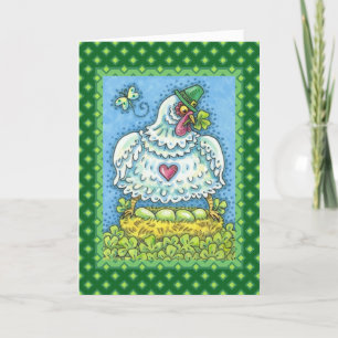 FUNNY IRISH HEN, GREEN EGGS AND SHAMROCKS CUTE HOLIDAY CARD
