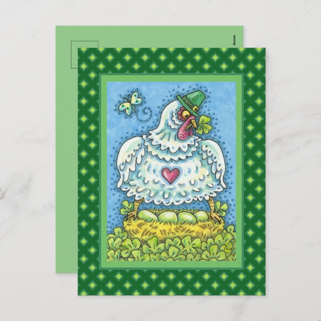 FUNNY IRISH HEN, GREEN EGGS AND SHAMROCKS CUTE HOLIDAY POSTCARD (Front/Back)