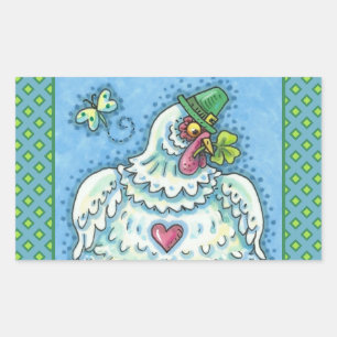 FUNNY IRISH HEN, GREEN EGGS AND SHAMROCKS CUTE RECTANGULAR STICKER