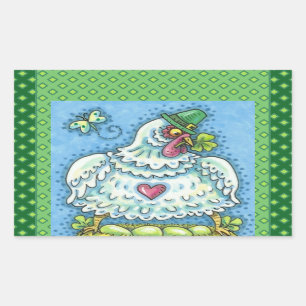 FUNNY IRISH HEN, GREEN EGGS AND SHAMROCKS CUTE RECTANGULAR STICKER