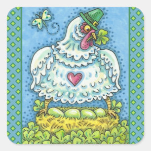 FUNNY IRISH HEN, GREEN EGGS AND SHAMROCKS CUTE SQUARE STICKER