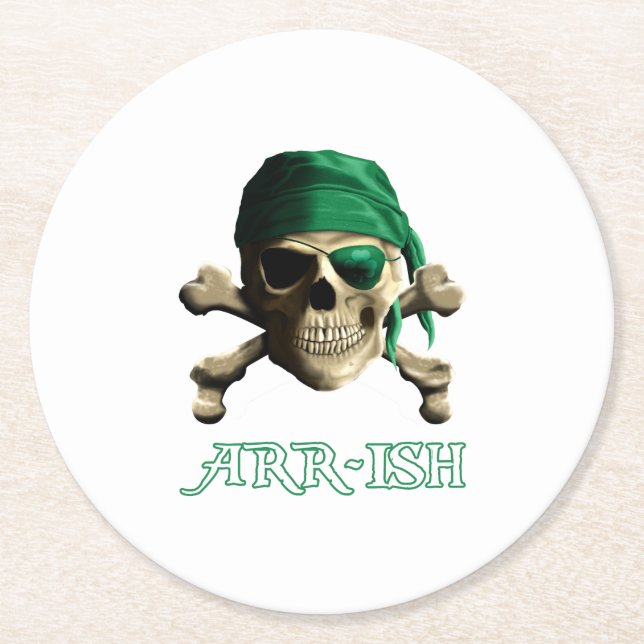 Funny Irish Jolly Roger Pirate Skull ARR-ISH Round Paper Coaster (Front)