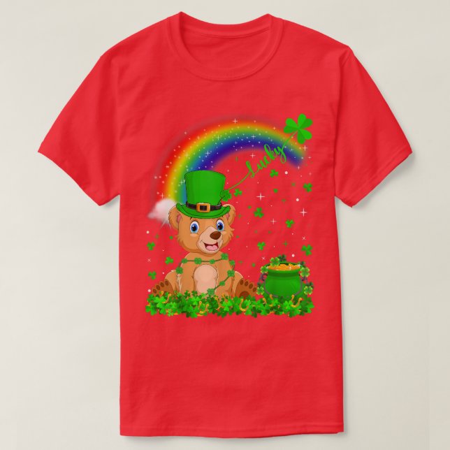 Funny Irish Shamrock Rainbow Lucky Bear St Patrick T-Shirt (Design Front)