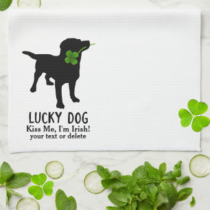 Funny Irish St. Patrick's Day Black Lab Lucky Dog Tea Towel