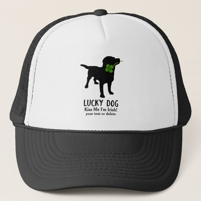 Funny Irish St. Patrick's Day Black Lab Lucky Dog Trucker Hat (Front)