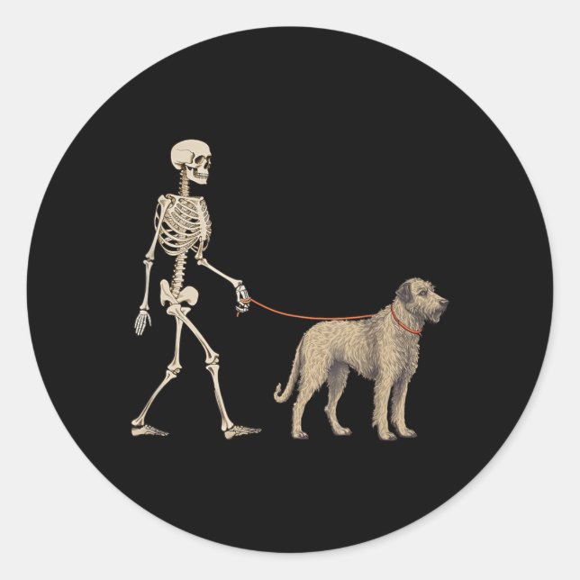 Funny Irish Wolfhound Skeleton Dog Walking Classic Round Sticker (Front)