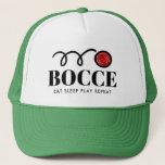 Funny Italian bocci ball sport trucker hat<br><div class="desc">Funny Italian bocci ball sport trucker hat for players and fans. Personalise with your own custom text or funny quote. Fun Birthday gift idea for friends and family who love playing bocce ball. The Italian bowling game, similar to bowls and boules. Eat Sleep Play Repeat! Add your own team or...</div>