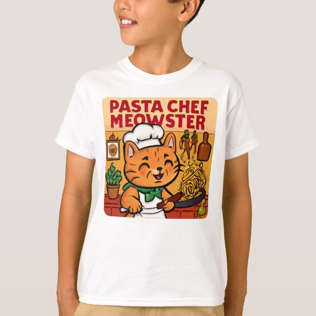 Funny Italian Chef Cat Cooking Pasta T-Shirt (Front)