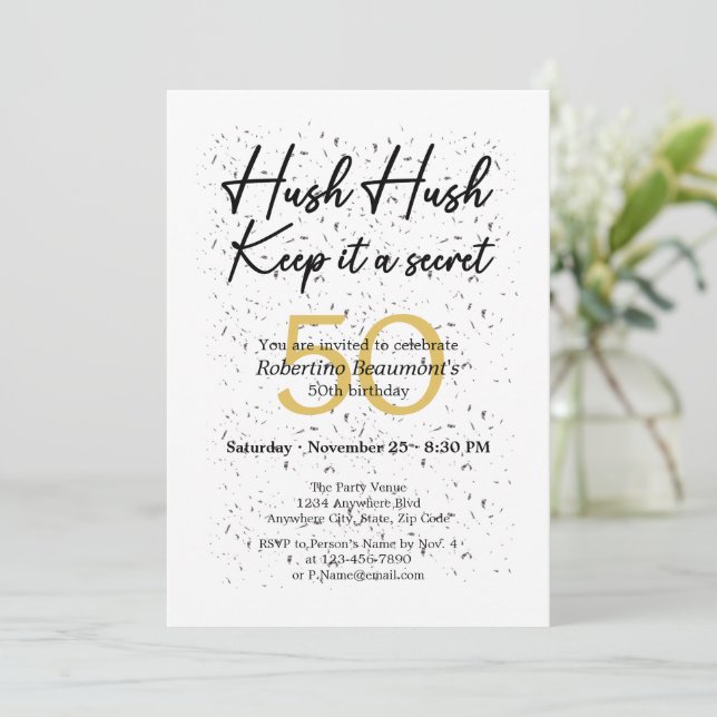 Funny It's A Secret White Black 50th Birthday Invitation (Standing Front)