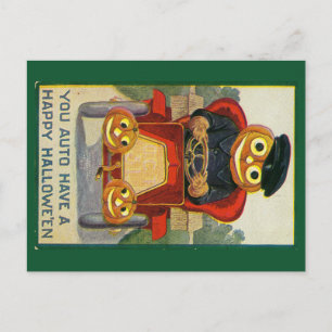 Funny jack-o-lantern in a car Halloween postcard
