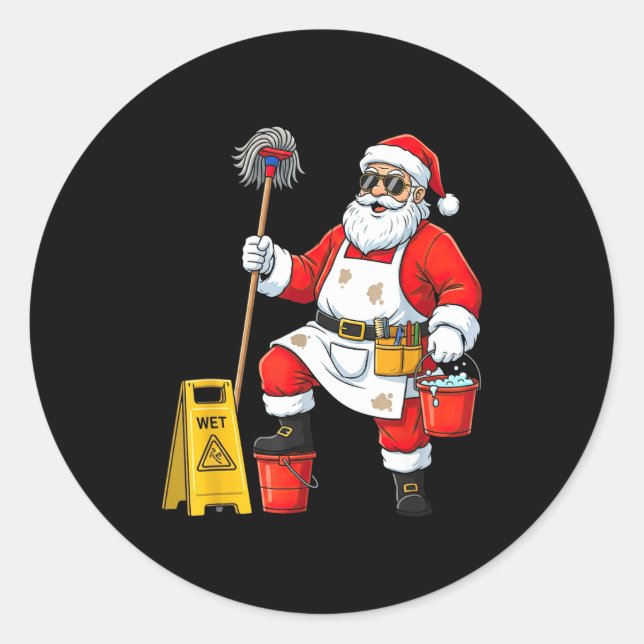 Funny Janitor Santa Christmas Graphic Cleaner Clea Classic Round Sticker (Front)