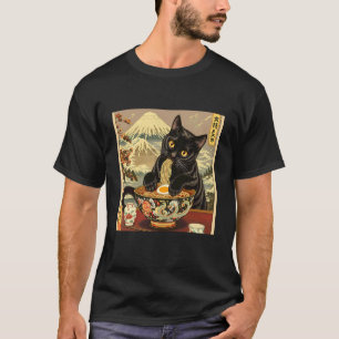 Funny Japanese Black Cat Eating Ramen Noodles T-Shirt
