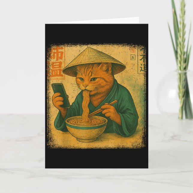 Funny Japanese Cat Eat Ramen And Scroll Phone Anim Card (Front)