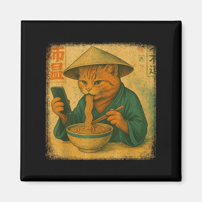 Funny Japanese Cat Eat Ramen And Scroll Phone Anim Magnet (Front)