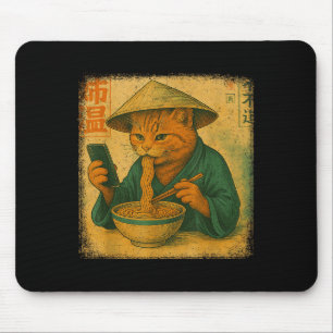 Funny Japanese Cat Eat Ramen And Scroll Phone Anim Mouse Pad