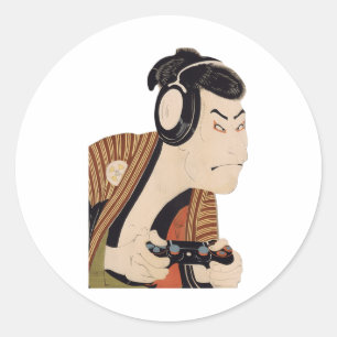 Funny Japanese Gamer Samurai Ukiyo-e Art Classic Round Sticker