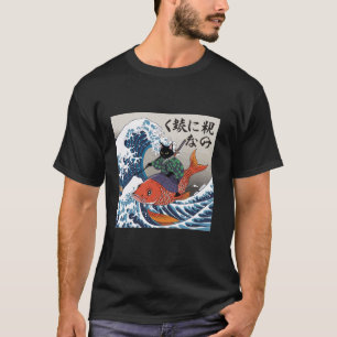 Funny Japanese Samurai Cat Riding an Orange Koi Fi T-Shirt