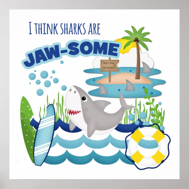Funny Jawsome Shark Surfboard Beach Kids' Poster (Front)