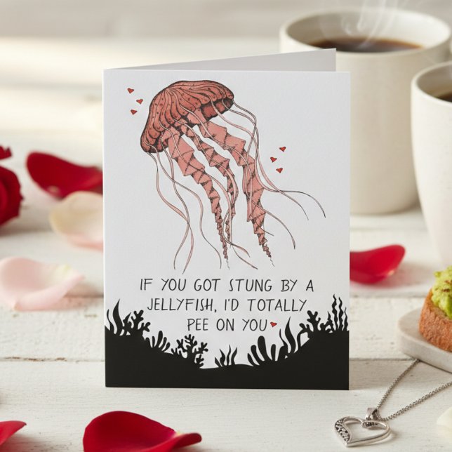 Funny Jellyfish Love Romance Card (Humor Anniversary Card or Funny Romance Card with Jellyfish Illustration and I Love You for Couple)