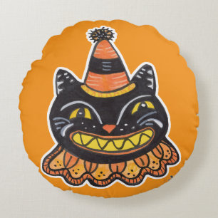 Funny Jester Vintage Halloween Carnival Fun Cat Round Cushion