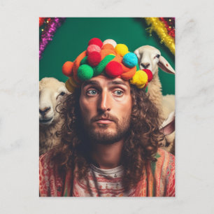 Funny Jesus and Sheep at a Colourful Birthday Part Postcard