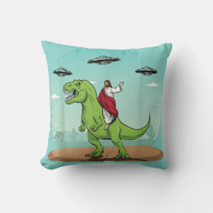 Funny Jesus Dinosaur UFO Throw Pillow Humor