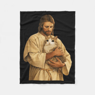 Funny Jesus Holding Meowl Faith Christian Lover Fleece Blanket