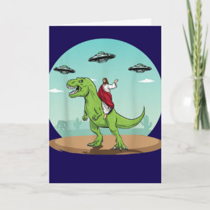 Funny Jesus Riding Dinosaur Alien UFO Card