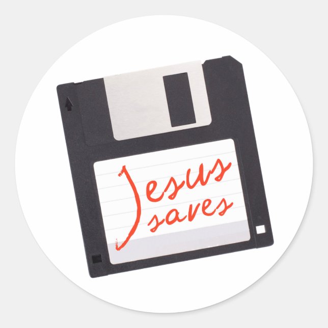 Funny Jesus Saves on Floppy Disc Classic Round Sticker (Front)