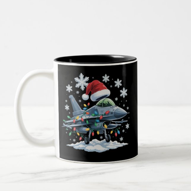 Funny Jet Fighter Military Christmas Holiday Xmas Two-Tone Coffee Mug (Left)