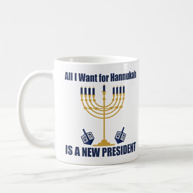 Funny Jewish Anti Trump Political Hanukkah Coffee Mug (Left)