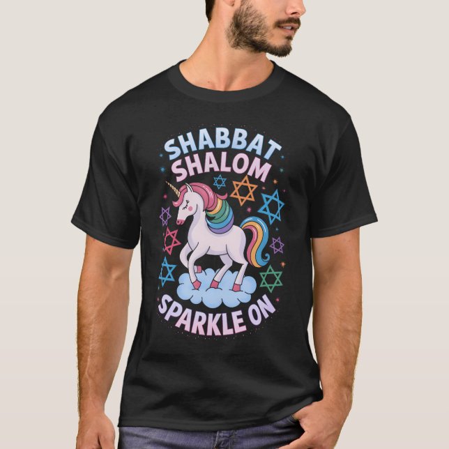 Funny Jewish Unicorn Hanukkah Shabbat Shalom Spark T-Shirt (Front)