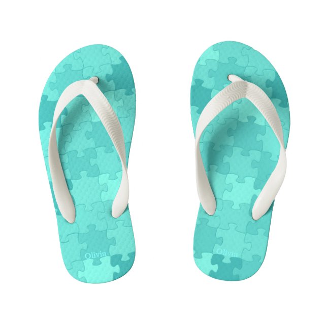 Funny Jigsaw Puzzle Pattern Add Name Turquoise Kid's Thongs (Footbed)