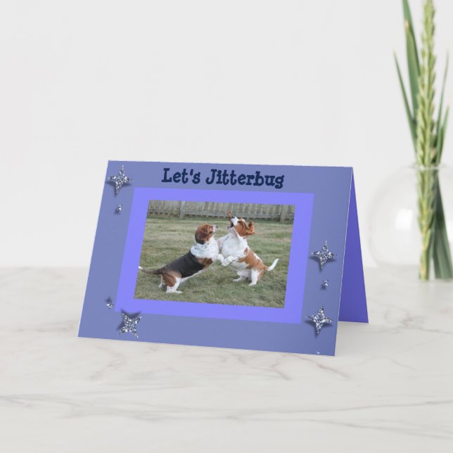 Funny Jitterbug Birthday Card w/Dancing Bassets (Front)