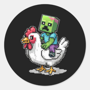 Funny Jockey Pixel Riding Chicken Jockey On A Chic Classic Round Sticker