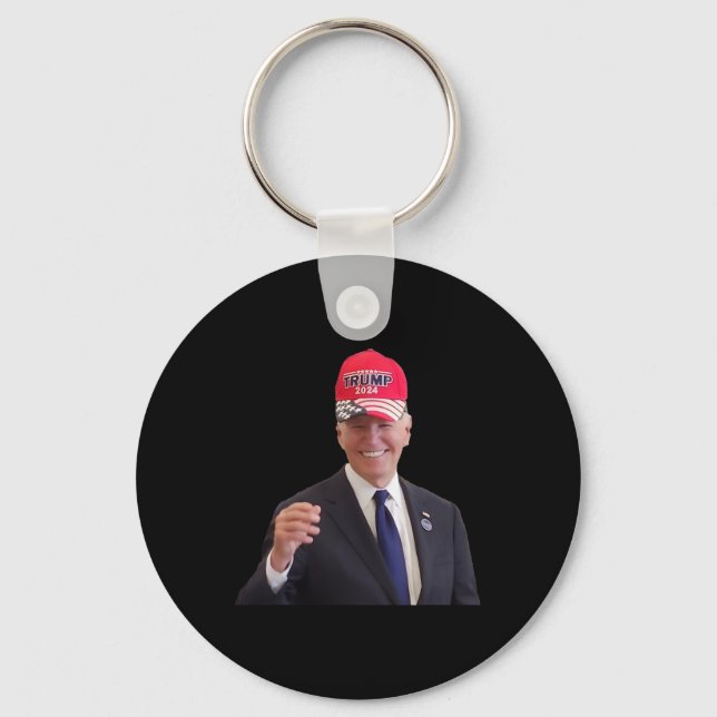Funny Joe Biden Dons Trump 2024 Cap  Key Ring (Front)