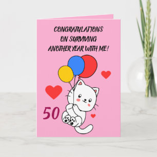 Funny Joke Balloon Cat Pink Sister 50th Birthday Card