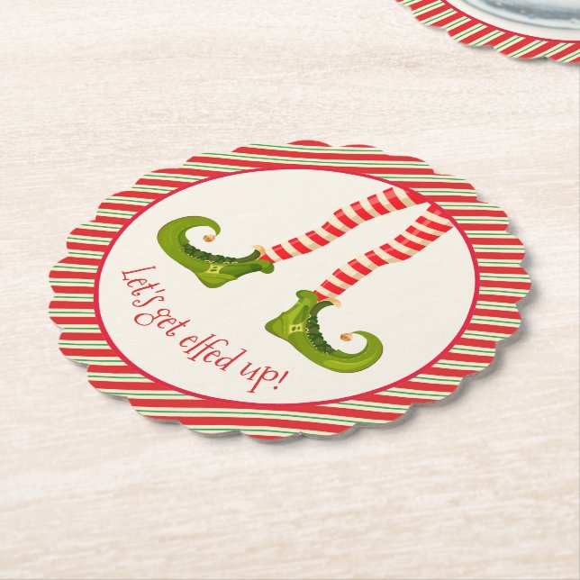 Funny Jolly Christmas Elf Legs Holiday Scalloped Paper Coaster (Angled)