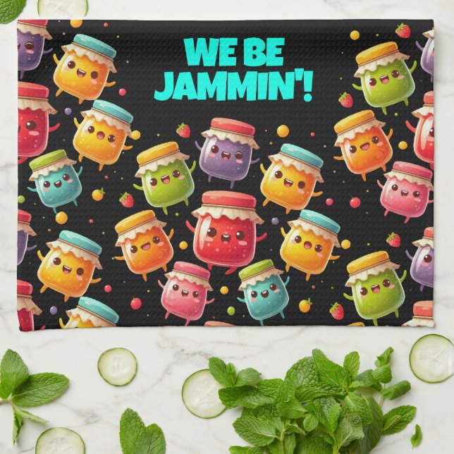Funny Joyful Jumping Jars of Jubilant Jam Tea Towel (Folded)