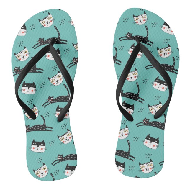 Funny Jumping Cat Faces on Teal Thongs (Footbed)