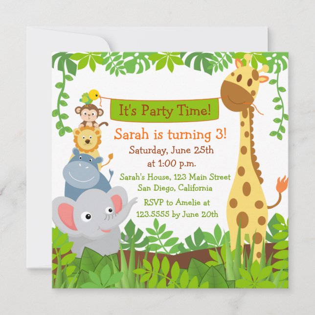 Funny Jungle Animals Birthday Party Invitations (Front)
