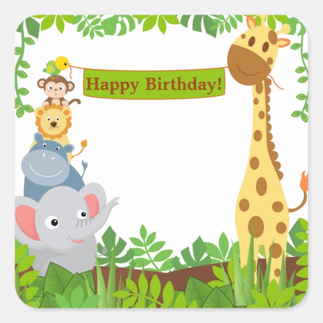 Funny Jungle Animals Happy Birthday Sticker (Front)